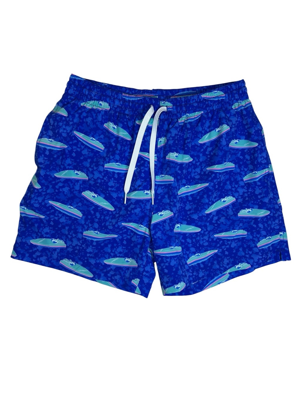 Chubbies Men’s Swim Trunk Size Medium 5.5” Inseam Blue Speedboat All Over Print